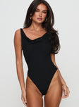 front view of model wearing Princess Polly Axton Cowl Neck Bodysuit Black Sleeveless 