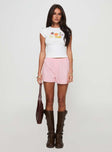 front view of model wearing Princess Polly Addee Boxer Short Pink High Waisted Shorts 