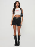 front view of model wearing Princess Polly Saldana Shorts Washed Black Denim High Waisted Shorts 