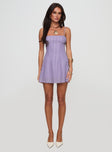 front view of model wearing Princess Polly Melrose Nights Mini Dress Lilac Square Neck 