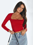 Front view of model wearing  front Princess Polly Full Sleeves Asymmetric Neckline  Back In Time Long Sleeve Top Red