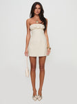 front view of model wearing Princess Polly Luvstruck Strapless Mini Dress Beige Straight Neck 