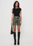 front view of model wearing Princess Polly Lou Carpenter Denim Shorts Antique Wash High Waisted Shorts 