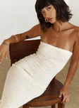 side view of model wearing Princess Polly Cloud Strapless Boucle Maxi Dress Cream Straight Neck 