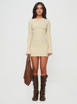 front view of model wearing Princess Polly Osment Long Sleeve Knit Mini Dress Cream High Neck 