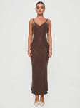 front view of model wearing Princess Polly Laurette Maxi Dress Brown Plunger 