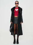 Faux leather longline coat Faux fur colour, twin hip pockets, button & belt fastening at waist Non-stretch material, fully lined 