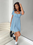 Front view of model wearing  front Princess Polly High Neck  Let's Dance Mini Dress Blue