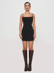 front view of model wearing Princess Polly Rousselet Mini Dress Black Square Neck 