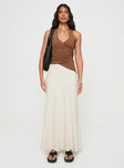 front view of model wearing Princess Polly Marvin Halter Top Brown Sleeveless V-Neck 