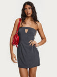 front view of model wearing Princess Polly Gradwell Strapless Mini Dress Grey Straight Neck 