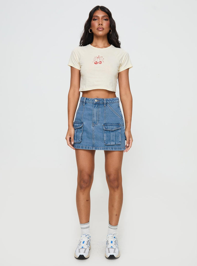   front view of model wearing Princess Polly Chillders Denim Mini Skirt Mid Wash Petite Mini Skirts 