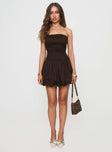 front view of model wearing Princess Polly Bonjour Bubble Hem Mini Dress Brown Straight Neck 