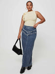 Front view of model wearing  front Lune Denim Maxi Skirt Blue Princess Polly  Maxi 