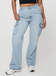 Front view of model wearing  front Princess Polly Mid Rise  Belgrove Cargo Jeans Mid Wash Denim