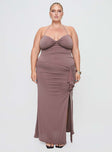 front view of model wearing Princess Polly Destinations Maxi Dress Mauve Curve Sweetheart Neckline 