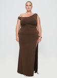 front view of model wearing Princess Polly Rios One Shoulder Maxi Dress Brown Curve Asymmetric Neckline 