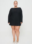 front view of model wearing Princess Polly Lukea Long Sleeve Mini Dress Black Curve Boat Neck 