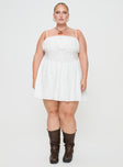 front view of model wearing Princess Polly Slow Dance Linen Blend Mini Dress White Curve Square Neck 