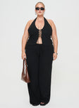 side view of model wearing Princess Polly Felipe Linen Blend Pants Black Curve mid-risedeselected 