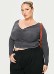 front view of model wearing Princess Polly Moylan Long Sleeve Top Grey Curve Full Sleeves V-Neck 