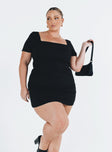 Front view of model wearing  front Princess Polly Square Neck Square Neck  Hastings Mini Dress Black Curve