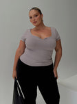 front view of model wearing Princess Polly Serenie Top Grey Curve Short Sleeves V-Neck 