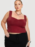 front view of model wearing Princess Polly Rehna Top Burgundy Curve Sleeveless Sweetheart 