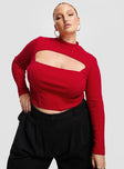 side view of model wearing Princess Polly Cathey Long Sleeve Corset Top Red Curve Full Sleeves High Neck 