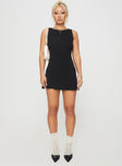 front view of model wearing Princess Polly Karreey Mini Dress Black Crew Neck 