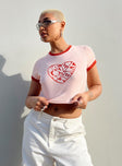 front view of model wearing Princess Polly Bob Marley One Love One Heart Cropped Tee Pink Short Sleeves Crew Neck 