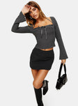 front view of model wearing Princess Polly Trynia Long Sleeve Top Grey Full Sleeves Square Neck 