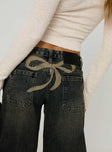 side view of model wearing Princess Polly Ribbon Stamp Wide Leg Jeans Antique Wash Petite Low Rise Jeans 