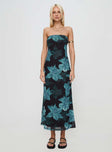 front view of model wearing Princess Polly Celik Maxi Dress Black / Blue Floral Straight Neck 