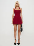 front view of model wearing Princess Polly Alyn Halter Mini Dress Wine Red Square Neck 