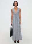 side view of model wearing Princess Polly Pokey Maxi Dress Black / White Stripe Plunger 