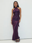 side view of model wearing Princess Polly Rosaminta Halter Maxi Dress Plum High Neck 