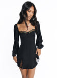 front view of model wearing Princess Polly Floreto Long Sleeve Mini Dress Black Sweetheart Neckline 