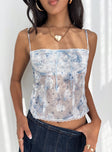 front view of model wearing Princess Polly Kemmie Top Blue / Multi Sleeveless Square Neck 