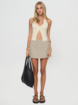 front view of model wearing Princess Polly Gigi Skort Beige Stripe Tall High Waisted Shorts 