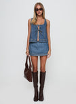 front view of model wearing Princess Polly Stefenie Denim Tie Top Mid Wash Sleeveless Square Neck 