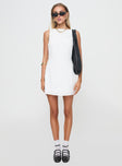 side view of model wearing Princess Polly Swoon Mini Dress White Boat Neck 