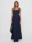 side view of model wearing Princess Polly Lorinda Maxi Dress Navy Square Neck 