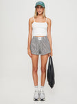 front view of model wearing Princess Polly Sincar Boxer Shorts Black / White Stripe High Waisted Shorts 