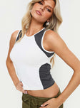 front view of model wearing Princess Polly Wrighter Contrast Tank Top White Sleeveless Crew Neck 