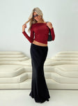 front view of model wearing Princess Polly Matrid Long Sleeve Top Burgundy Full Sleeves Asymmetric Neckline 