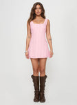 front view of model wearing Princess Polly Dasha Mini Dress Pink Square Neck 