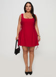 side view of model wearing Princess Polly Play It Again Mini Dress Red Curve Square Neck 