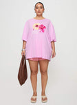 front view of model wearing Princess Polly Hibiscus Haven Oversized Tee Pink Curve Half Sleeves Crew Neck 