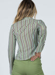 Front view of model wearing  front Princess Polly Full Sleeves Asymmetric Neckline  Anni Stripe Shirt Multi